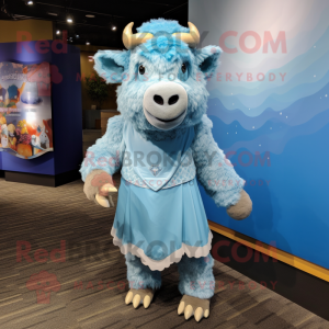 Sky Blue Buffalo mascot costume character dressed with a Shift Dress and Wraps