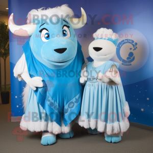 Sky Blue Buffalo mascot costume character dressed with a Shift Dress and Wraps