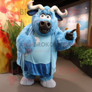 Sky Blue Buffalo mascot costume character dressed with a Shift Dress and Wraps