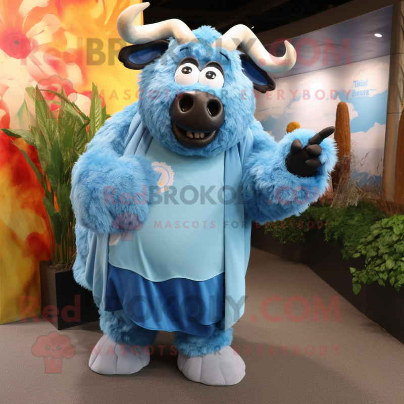 Sky Blue Buffalo mascot costume character dressed with a Shift Dress and Wraps Sky Blue Buffalo mascot costume character dressed with a Shift Dress and Wraps