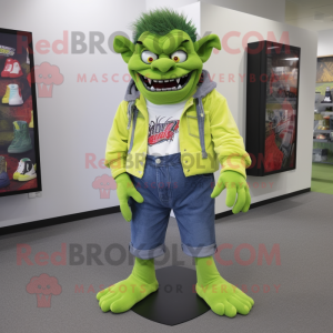Lime Green Vampire mascot costume character dressed with a Denim Shorts and Shoe laces