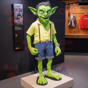 Lime Green Vampire mascot costume character dressed with a Denim Shorts and Shoe laces
