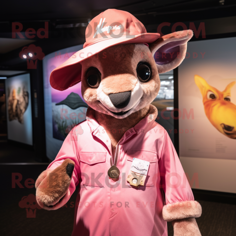 Pink Kangaroo mascot costume character dressed with a Cover-up and Hat pins