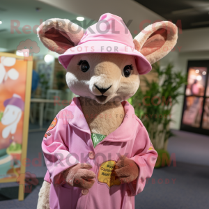 Pink Kangaroo mascot costume character dressed with a Cover-up and Hat pins