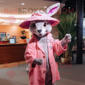 Pink Kangaroo mascot costume character dressed with a Cover-up and Hat pins