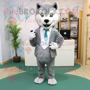 Gray Wolf mascot costume character dressed with a Suit Pants and Earrings