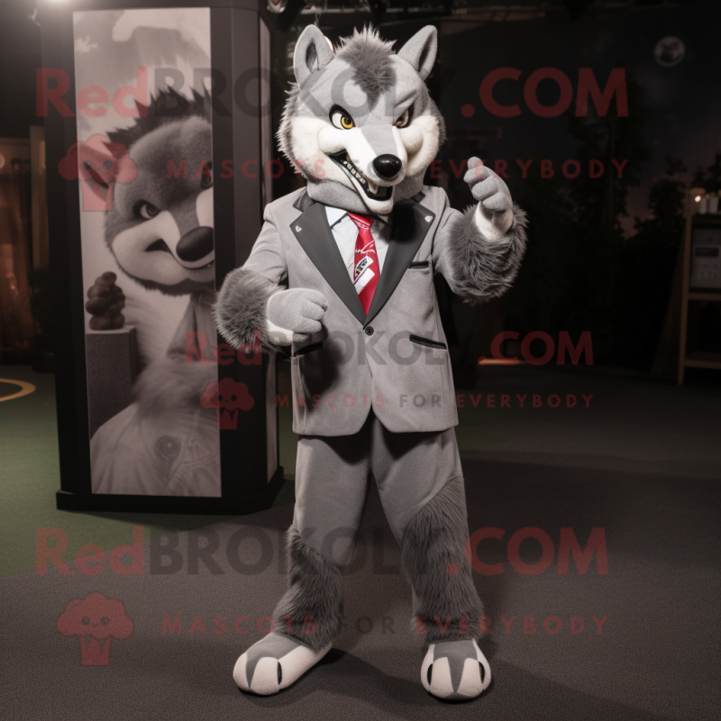 Gray Wolf mascot costume character dressed with a Suit Pants and Earrings