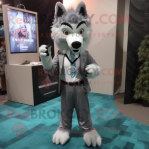 Gray Wolf mascot costume character dressed with a Suit Pants and Earrings