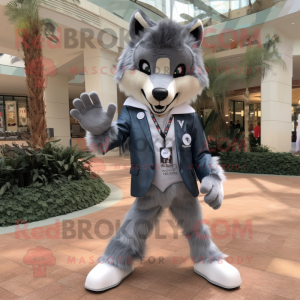 Gray Wolf mascot costume character dressed with a Suit Pants and Earrings