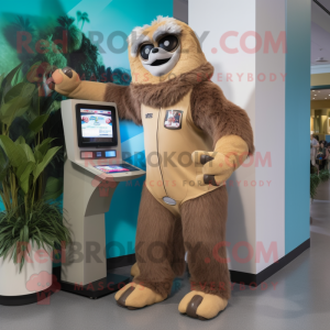 Tan Giant Sloth mascot costume character dressed with a Capri Pants and Digital watches
