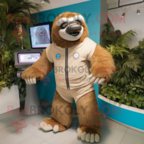 Tan Giant Sloth mascot costume character dressed with a Capri Pants and Digital watches