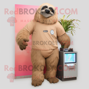 Tan Giant Sloth mascot costume character dressed with a Capri Pants and Digital watches