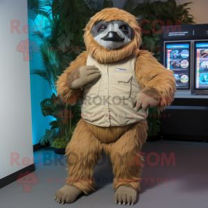 Tan Giant Sloth mascot costume character dressed with a Capri Pants and Digital watches