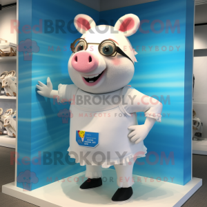 White Sow mascot costume character dressed with a One-Piece Swimsuit and Shoe clips