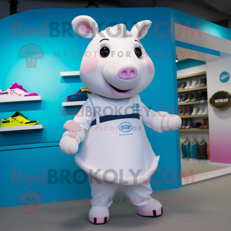 White Sow mascot costume character dressed with a One-Piece Swimsuit and Shoe clips