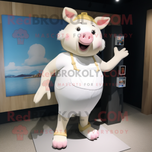 White Sow mascot costume character dressed with a One-Piece Swimsuit and Shoe clips