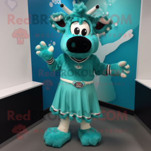 Teal Beef Stroganoff mascot costume character dressed with a Mini Dress and Rings