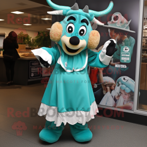 Teal Beef Stroganoff mascot costume character dressed with a Mini Dress and Rings