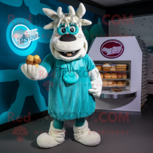 Teal Beef Stroganoff mascot costume character dressed with a Mini Dress and Rings