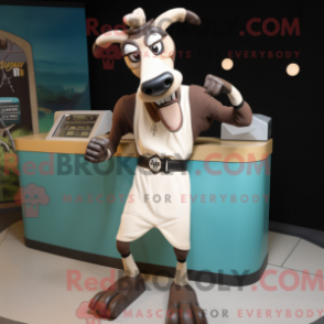 Fantasia de mascote de okapi bege com camiseta regata e abotoaduras - Mascotes Okapi - REBROKO_313412 - RedBrokoly.com