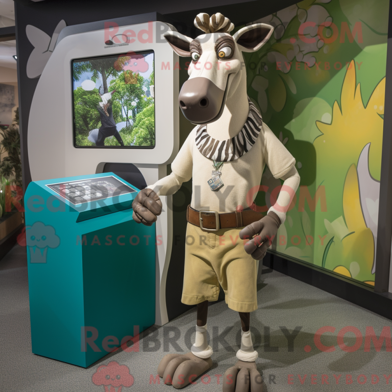 Fantasia de mascote de okapi bege com camiseta regata e abotoaduras - Mascotes Okapi - REBROKO_313413 - RedBrokoly.com