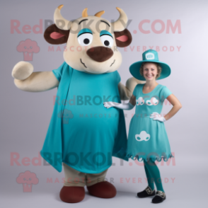 Teal Beef Stroganoff mascot costume character dressed with a Mini Dress and Rings