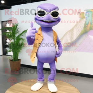 Lavender Python mascot costume character dressed with a Bootcut Jeans and Eyeglasses
