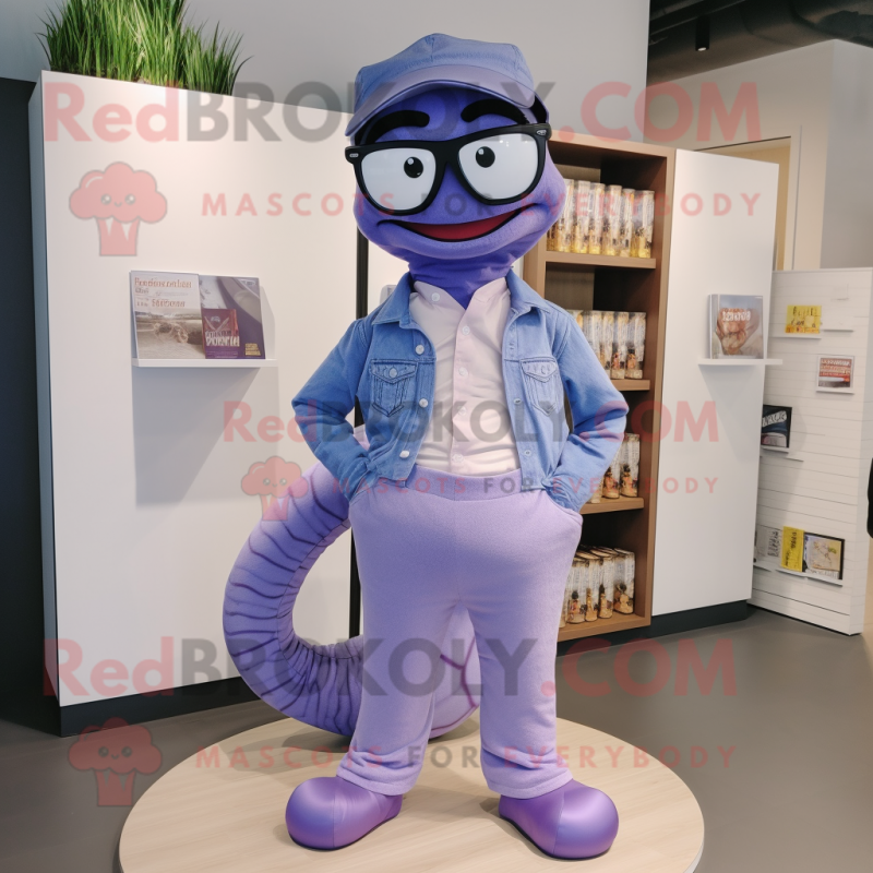 Lavender Python mascot costume character dressed with a Bootcut Jeans and Eyeglasses