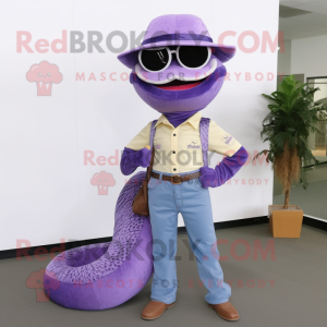 Lavender Python mascot costume character dressed with a Bootcut Jeans and Eyeglasses