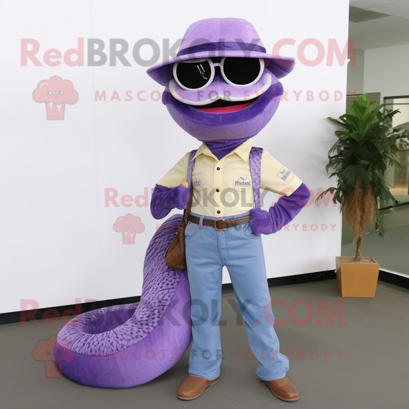 Lavender Python mascot costume character dressed with a Bootcut Jeans and Eyeglasses