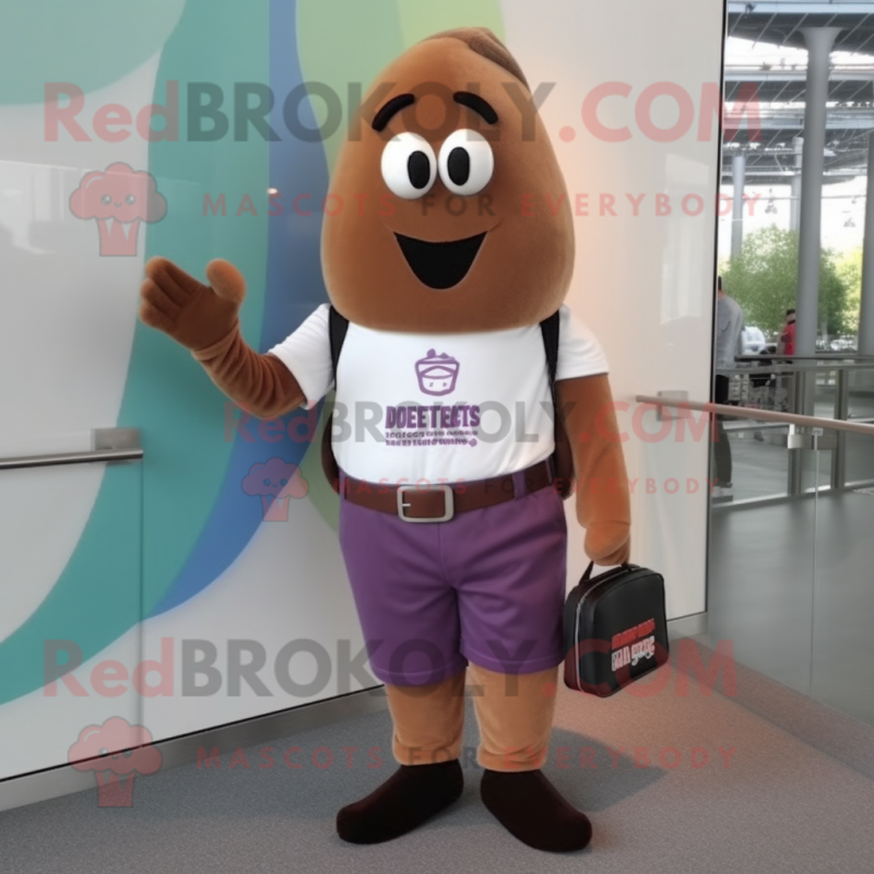 Brown Eggplant mascot costume character dressed with a Boyfriend Jeans and Pocket squares