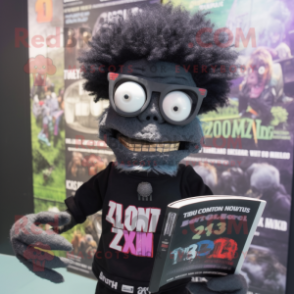 Black Zombie mascot costume character dressed with a Graphic Tee and Reading glasses