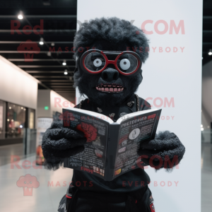 Black Zombie mascot costume character dressed with a Graphic Tee and Reading glasses