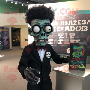 Black Zombie mascot costume character dressed with a Graphic Tee and Reading glasses