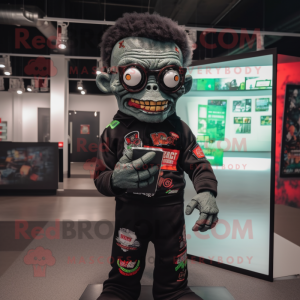 Black Zombie mascot costume character dressed with a Graphic Tee and Reading glasses