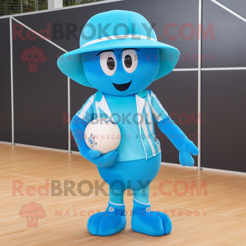 Turquoise Volleyball Ball mascot costume character dressed with a Waistcoat and Hats