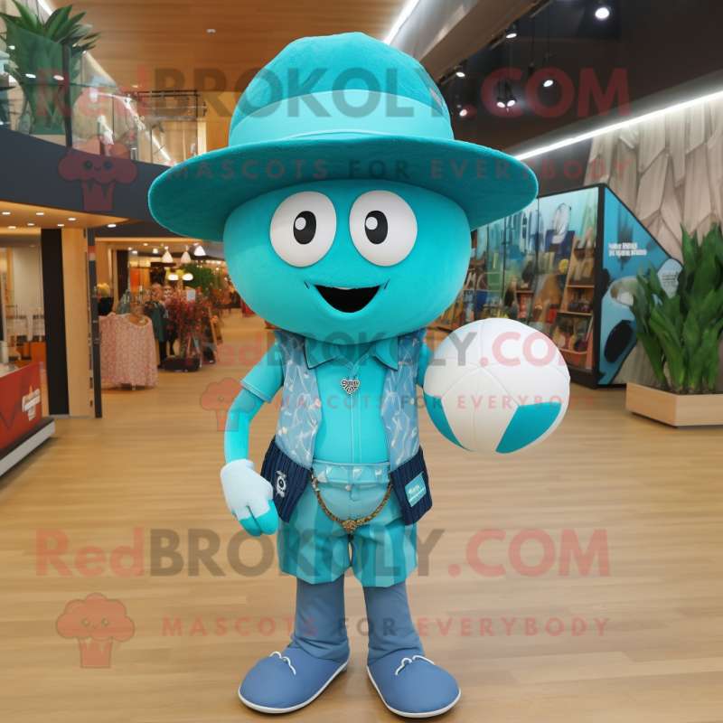 Turquoise Volleyball Ball mascot costume character dressed with a Waistcoat and Hats Turquoise Volleyball Ball mascot costume character dressed with a Waistcoat and Hats