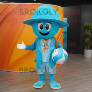 Turquoise Volleyball Ball mascot costume character dressed with a Waistcoat and Hats