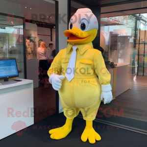 Lemon Yellow Muscovy Duck mascot costume character dressed with a Jeggings and Suspenders