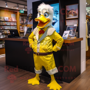 Lemon Yellow Muscovy Duck mascot costume character dressed with a Jeggings and Suspenders