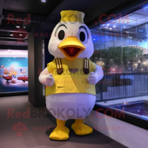 Lemon Yellow Muscovy Duck mascot costume character dressed with a Jeggings and Suspenders