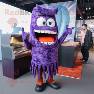 Purple Bbq Ribs mascot costume character dressed with a Skinny Jeans and Shawls
