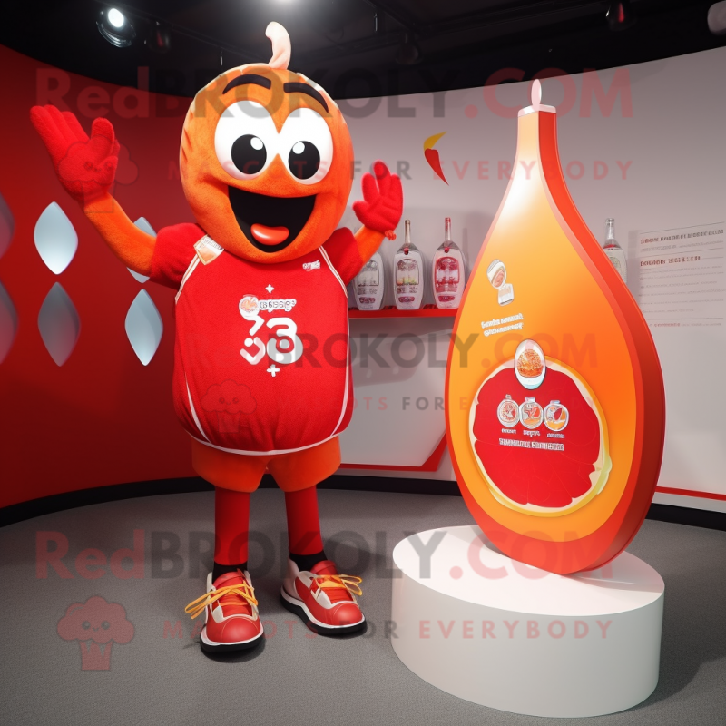 Peach Bottle Of Ketchup mascot costume character dressed with a One-Piece Swimsuit and Rings Peach Bottle Of Ketchup mascot costume character dressed with a One-Piece Swimsuit and Rings