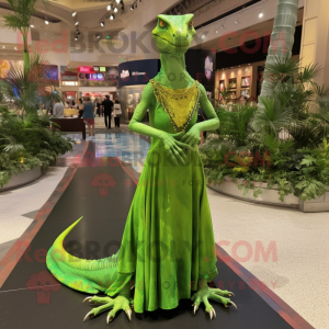 Lime Green Dimorphodon mascot costume character dressed with a Empire Waist Dress and Necklaces