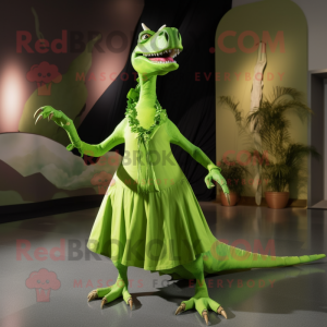 Lime Green Dimorphodon mascot costume character dressed with a Empire Waist Dress and Necklaces