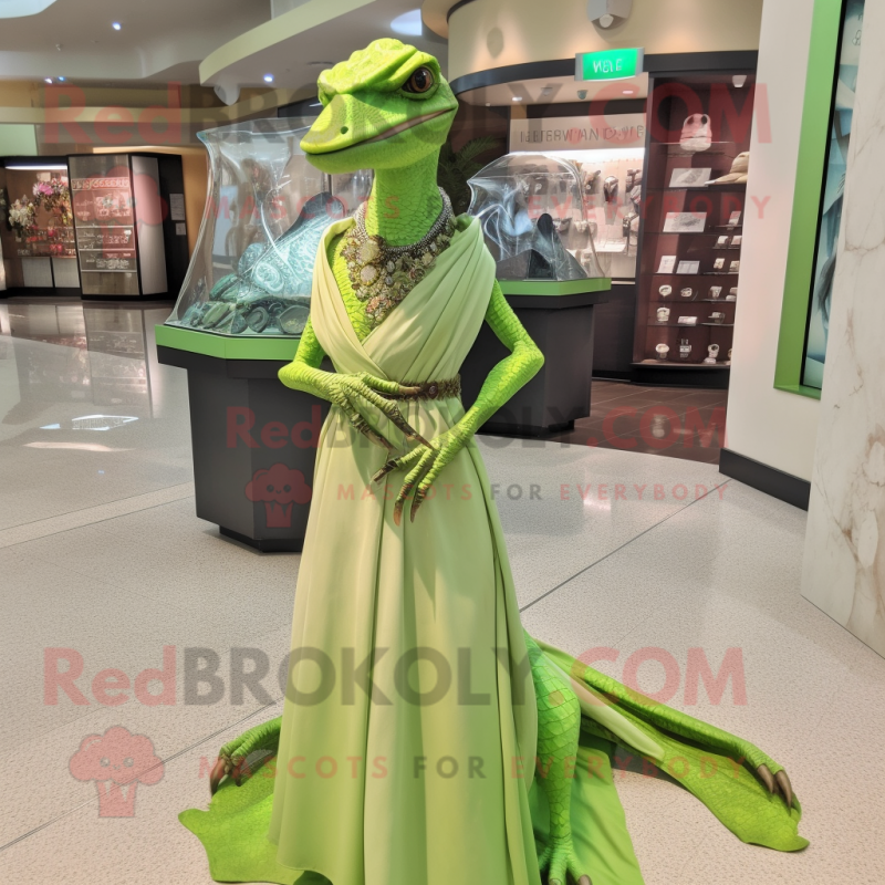 Lime Green Dimorphodon mascot costume character dressed with a Empire Waist Dress and Necklaces