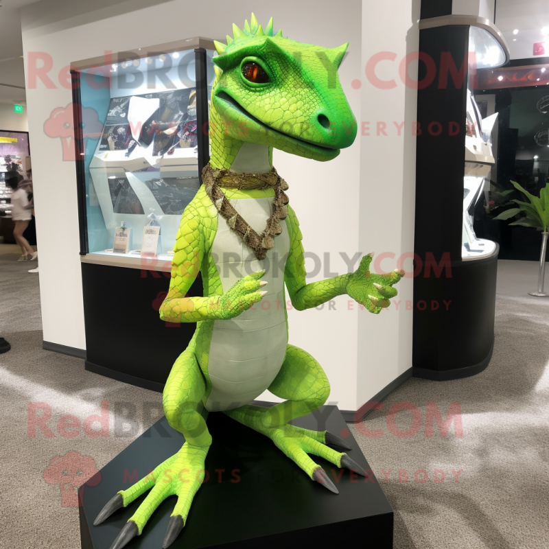 Lime Green Dimorphodon mascot costume character dressed with a Empire Waist Dress and Necklaces