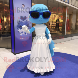 Blue Miso Soup mascot costume character dressed with a Wedding Dress and Sunglasses
