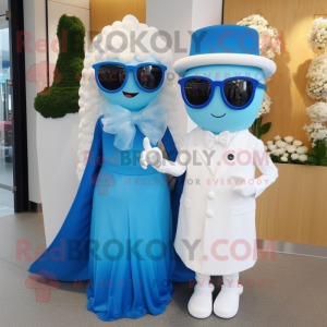 Blue Miso Soup mascot costume character dressed with a Wedding Dress and Sunglasses