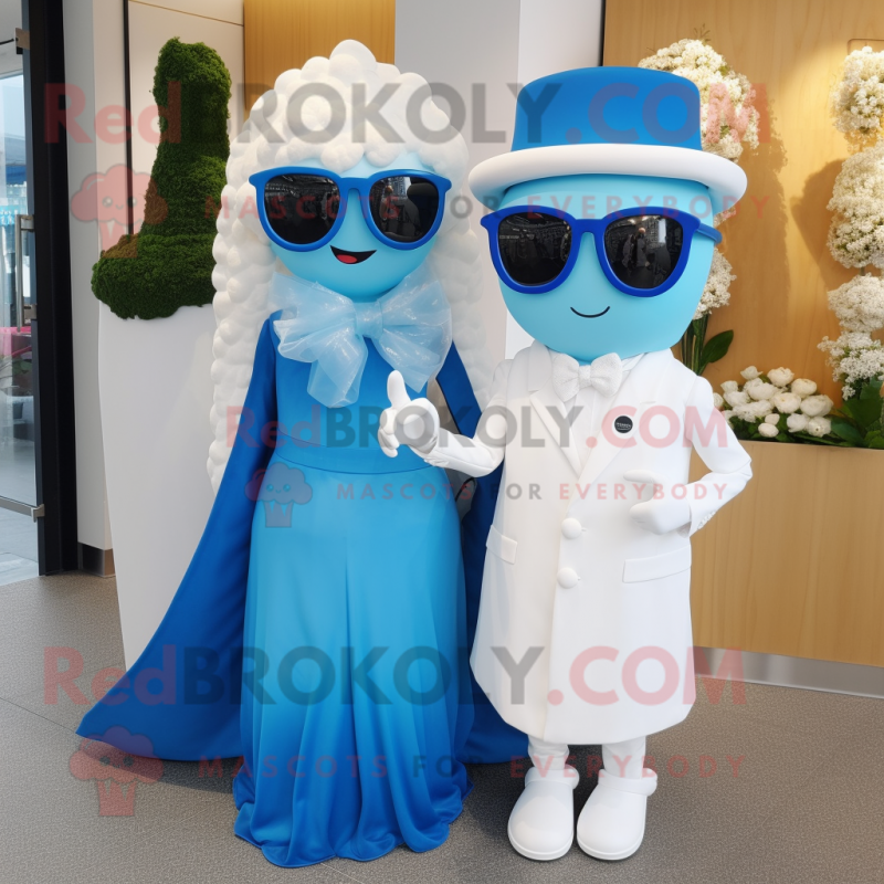 Blue Miso Soup mascot costume character dressed with a Wedding Dress and Sunglasses Blue Miso Soup mascot costume character dressed with a Wedding Dress and Sunglasses